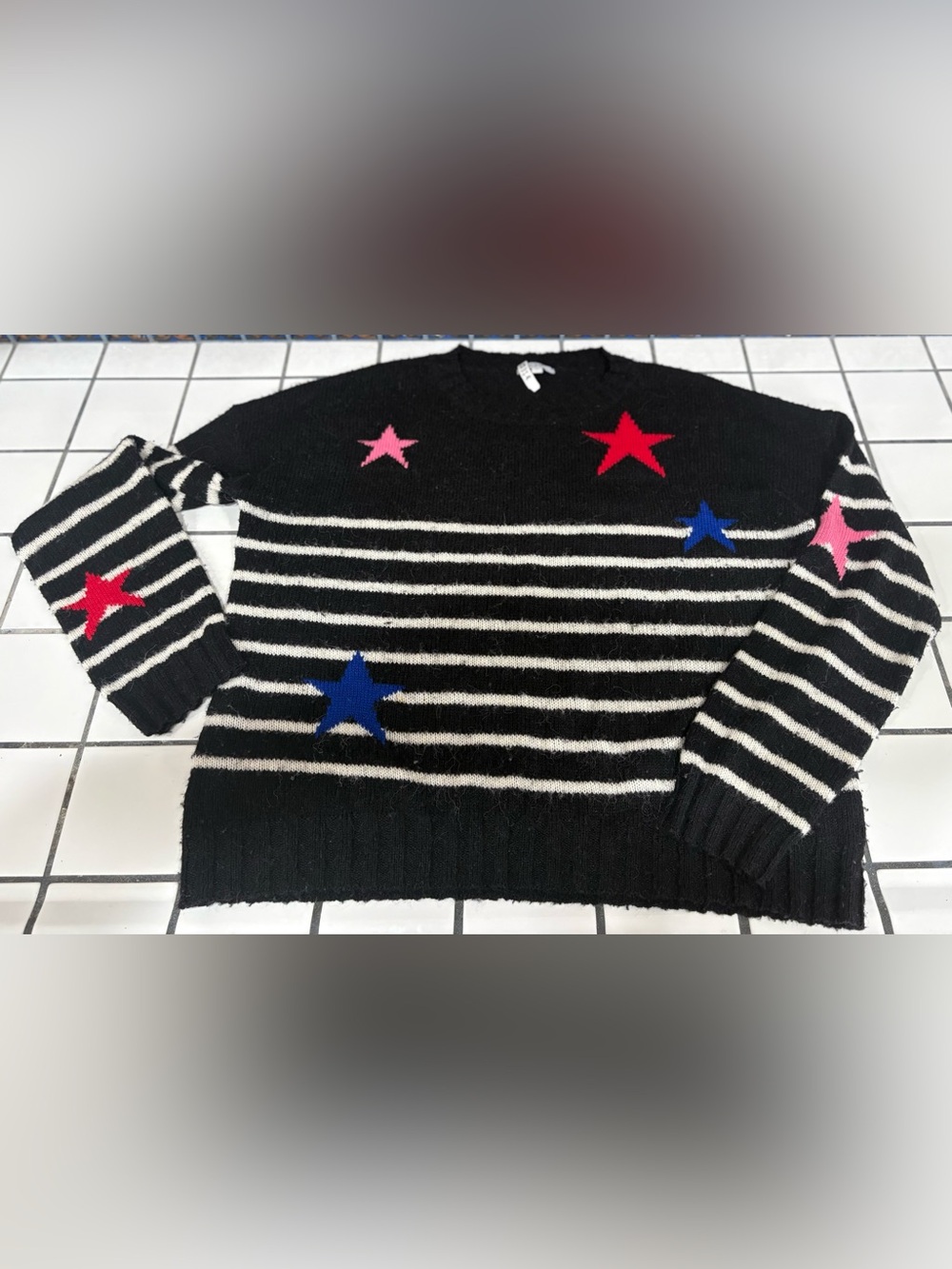 Rails Wool Black and White Stripe Sweater with Star Accents